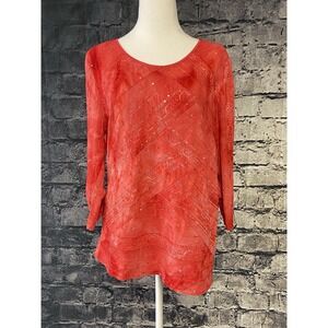JM Collection Womens Blouse Medium Red Sequin Embroidered Casual Party Boho